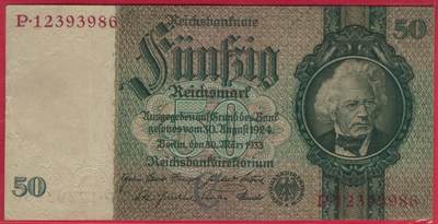 德国1933年50马克 P-182a 肖像水印 8位号码 无47 加盖字母C 实物图 八五品 - 德国1933年50马克 P-182a 肖像水印 8位号码 无47 加盖字母C 实物图 八五品