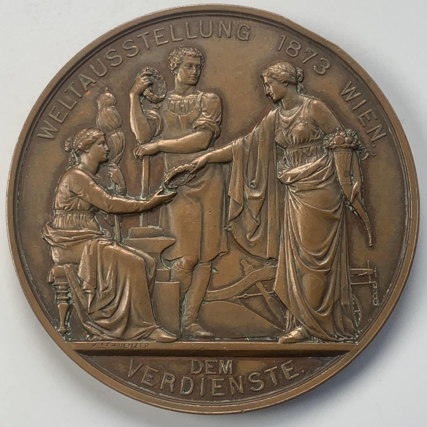 掌中浮雕-藏着的欧洲第046场 1873年奥地利维也纳世界博览会纪念大铜章，70mm，奥地利著名章牌雕刻家约瑟夫.托藤海因（Josef Tautenhayn）作品