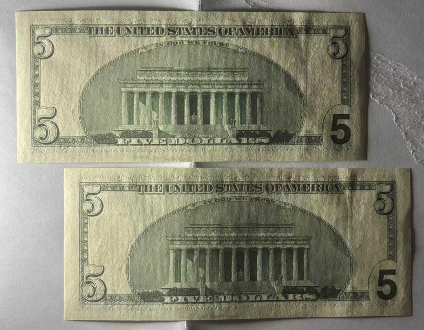 《外钞收藏家》第五百九十四期（畅拍场）（本平台长期征集拍品、欢迎藏友们联系合作） 1999年 大头版 5美元 首发年份 BB冠号 星补号 5张连号 实物图