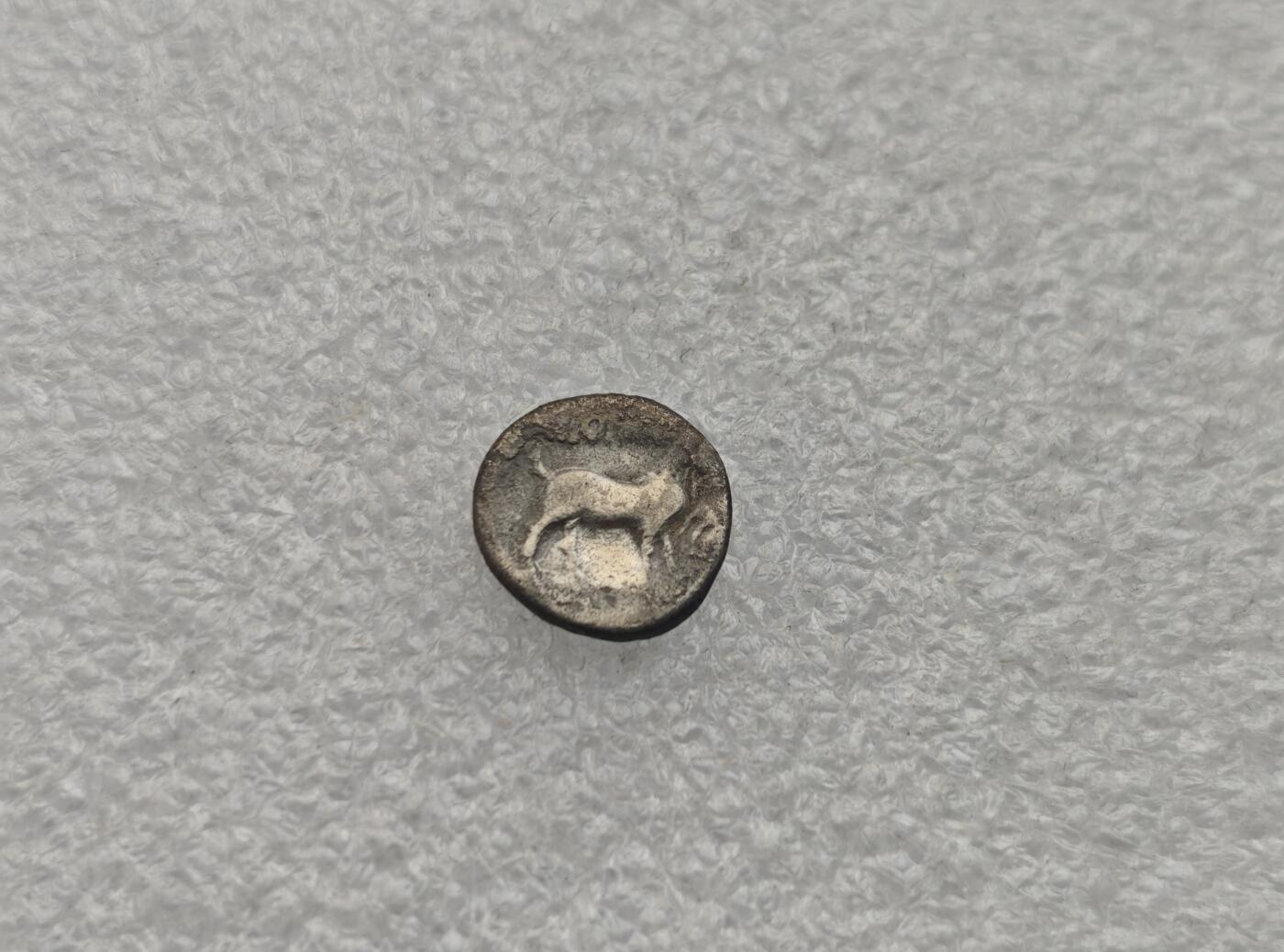 瓶子🏺第221期拍卖会  古希腊色雷斯阿伊诺斯城邦  公元前402年  商业与旅者之神赫尔墨斯头像，头戴佩塔索斯帽   反面一只站立的公羊