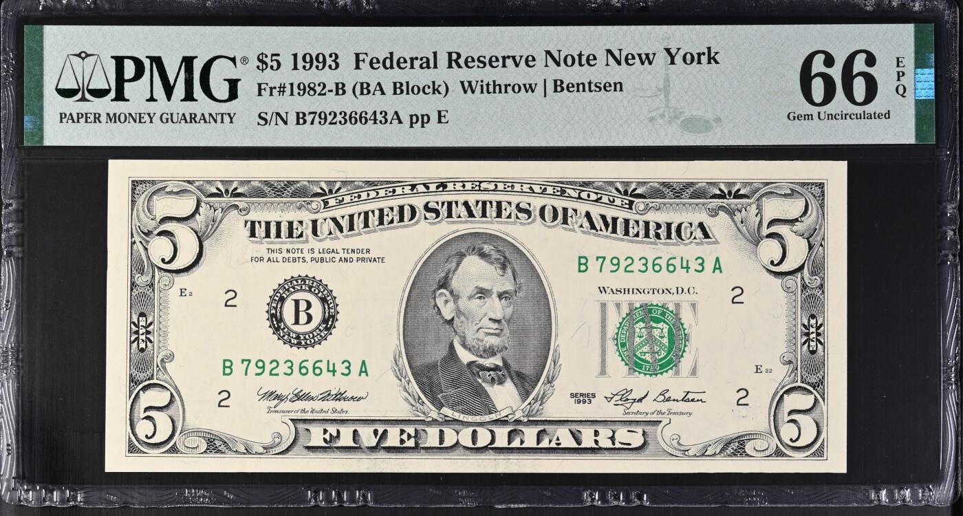 【礼羽收藏】🌏世界钱币拍卖第116期 1993年 5美元 PMG66EPQ 仅有6张更高分数