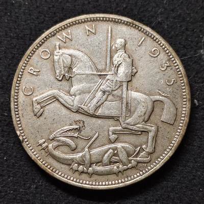 【全场包邮】纯粹捡漏拍489场（免费代拍第26场） - 英国1935年1克朗乔治五世在位25周年木马剑（39毫米28.3克）克朗型纪念银币