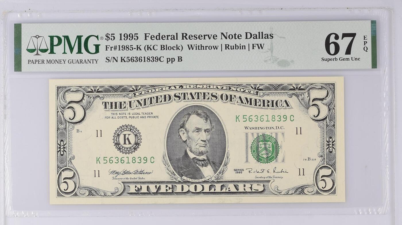 【礼羽收藏】🌏世界钱币拍卖第116期 1995年 5美元 小头版末版年份 号码无47 PMG67EPQ 仅有9张更高分数