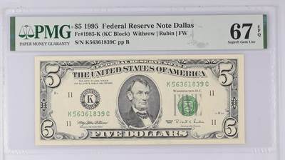 【礼羽收藏】🌏世界钱币拍卖第116期 - 1995年 5美元 小头版末版年份 号码无47 PMG67EPQ 仅有9张更高分数