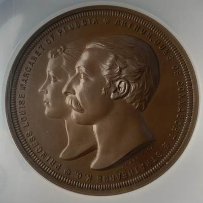 掌中浮雕-藏着的欧洲第046场 - NGC MS66 : 1879年英国维多利亚女王第三子亚瑟王子和普鲁士的路易丝·玛格丽特公主结婚纪念铜章，63mm