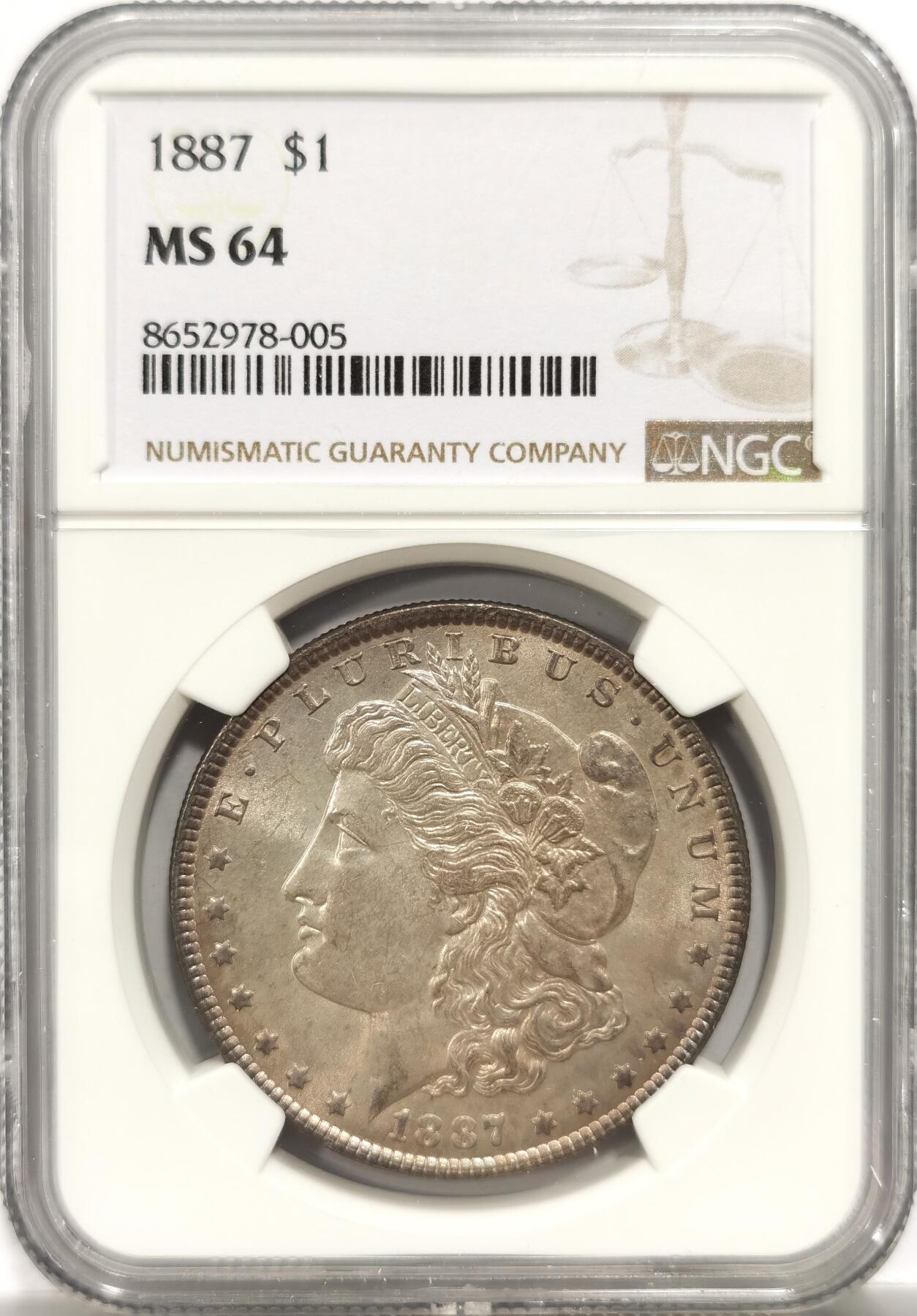 博洋堂世界钱币拍卖第153期（全场包邮） NGC MS64 美国1887年摩根银币，梦幻紫罗兰彩，彩不遮光，双面转光好品。