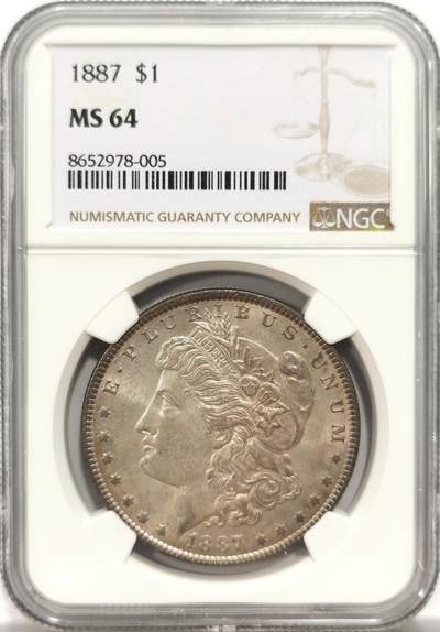 博洋堂世界钱币拍卖第153期（全场包邮） - NGC MS64 美国1887年摩根银币，梦幻紫罗兰彩，彩不遮光，双面转光好品。