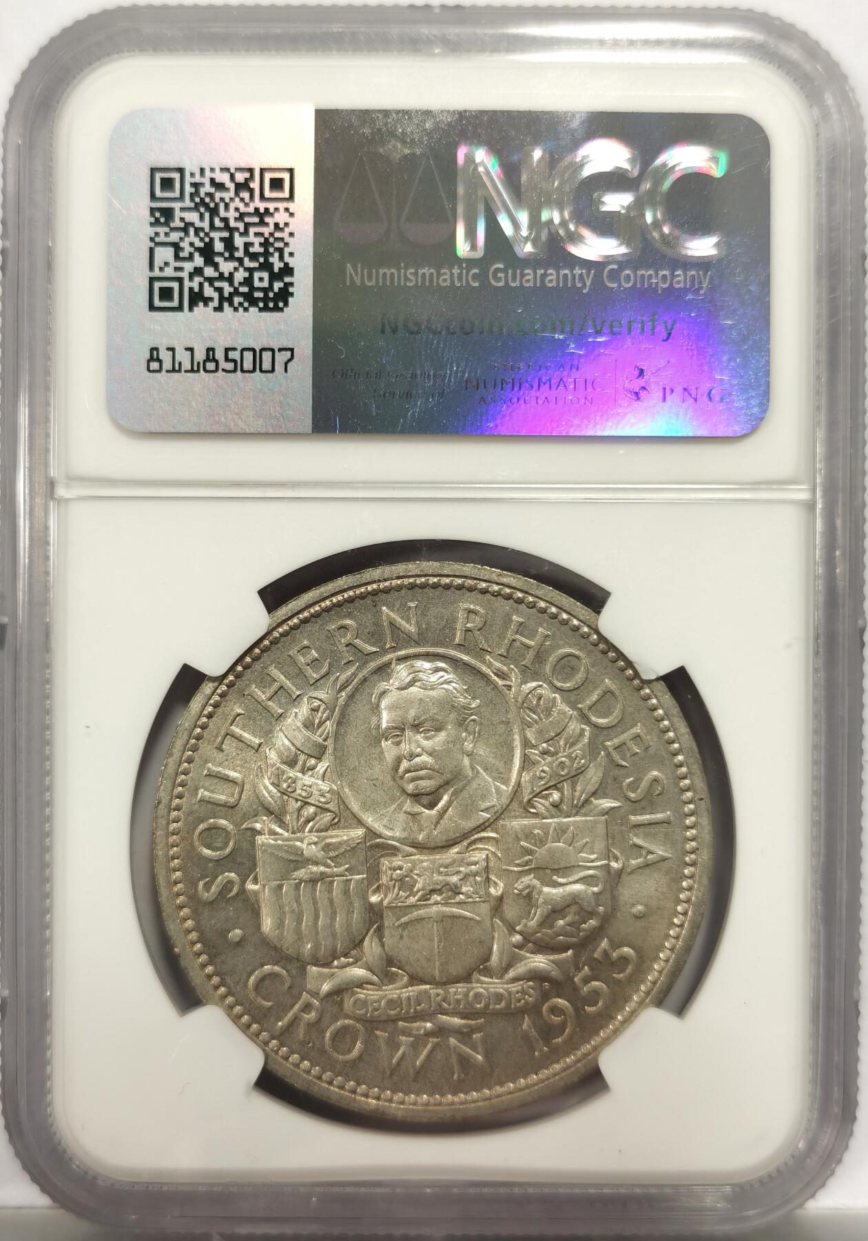 博洋堂世界钱币拍卖第153期（全场包邮） NGC MS64 英属南罗德西亚1953年伊丽莎白二世1克朗纪念银币，市场上比较稀少品种，原汁原味老包浆，包浆醇厚，状态一流。