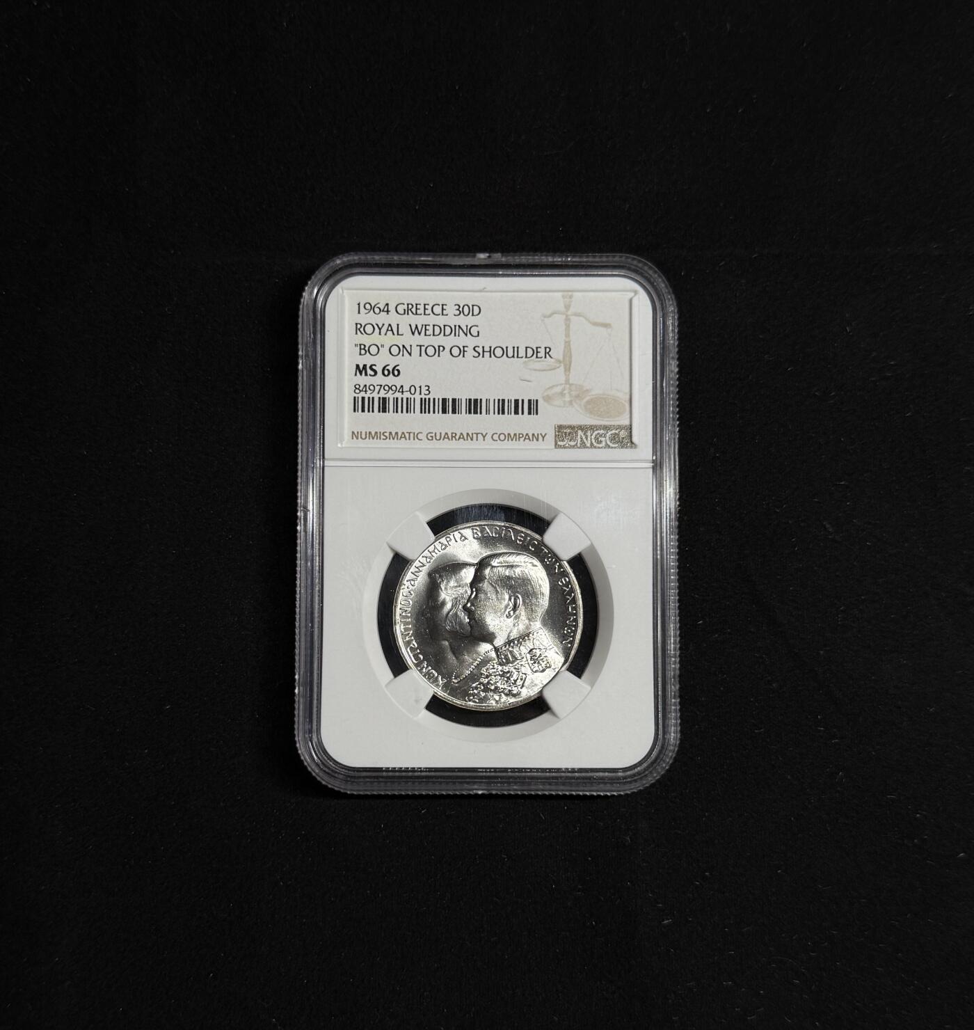 欢庆元旦！戎马世界章牌大赏第109期元旦大拍 NGC MS66 希腊1964年康斯坦丁二世结婚纪念30德拉克马银币