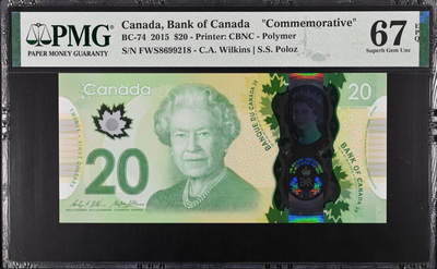 【礼羽收藏】🌏世界钱币拍卖第116期 - 加拿大20元 纪念钞 FWS首发冠+ 无3457尾8靓号 PMG67高分，一步到位收藏