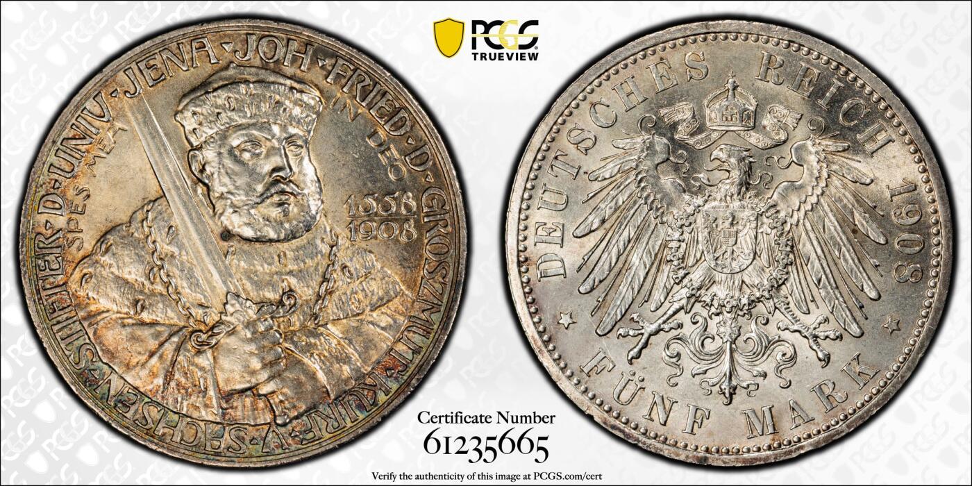博洋堂世界钱币拍卖第154期（全场包邮） PCGS MS64 德国萨克森-魏玛-爱森纳赫1908年耶拿大学5马克银币，正面黄油彩