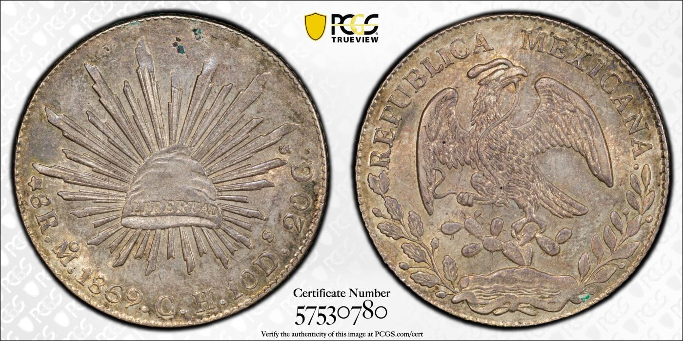 博洋堂世界钱币拍卖第153期（全场包邮） PCGS MS62 墨西哥1869年MO CH版花边鹰洋，中期不常见年份，黄油包浆好状态