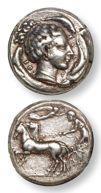 中贸圣佳2025年秋季拍卖会 众妙 - 公元前440年-公元前430年 古希腊西西里岛叙拉古城邦水泽仙女阿瑞苏萨背马车四德拉克马银币