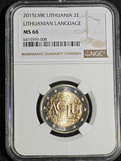 刘世昌艺术品销售中心～虎踞龙蟠*金杨在线联拍群第512期 - 立陶宛2015年“立陶宛语言”2欧元纪念币（NGC  MS66  串号：6415595-008）1枚。
