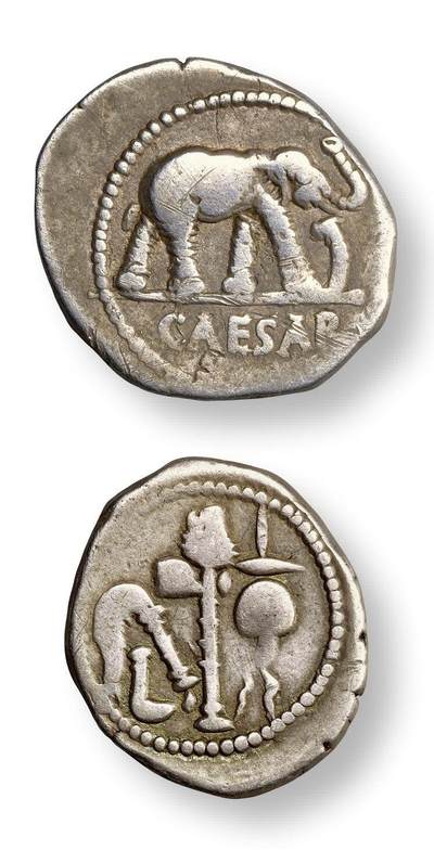 中贸圣佳2025年秋季拍卖会 众妙 - 公元前44年 古罗马共和国凯撒大帝大象踩蛇军饷银币