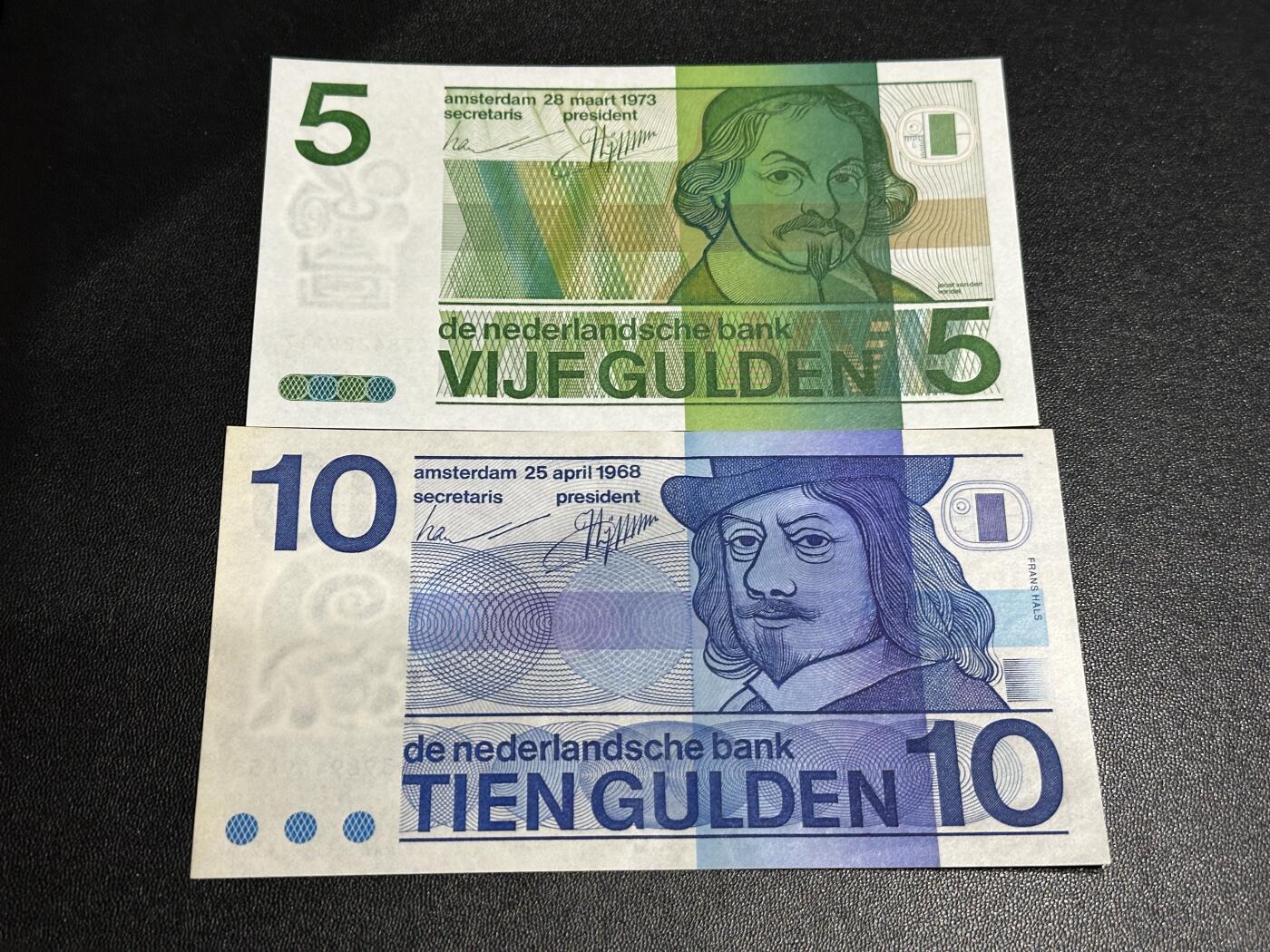 《外钞收藏家》第五百九十四期（畅拍场）（本平台长期征集拍品、欢迎藏友们联系合作） 荷兰人像版5盾全新+10盾UNC-（边泛黄）