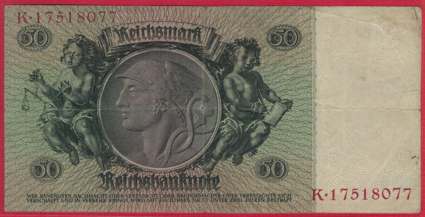 德国1933年50马克 P-182a 肖像水印 8位号码 无4 加盖字母A 实物图 八五品