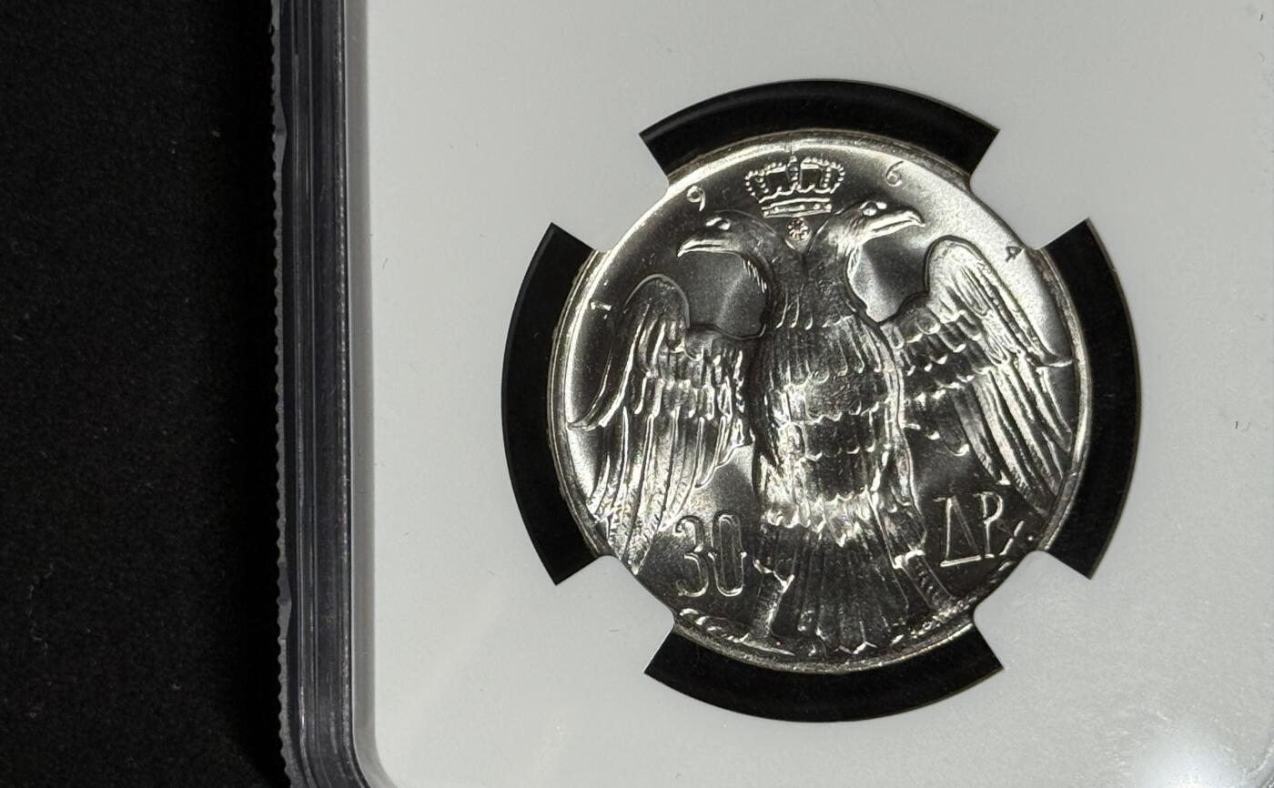 欢庆元旦！戎马世界章牌大赏第109期元旦大拍 NGC MS66 希腊1964年康斯坦丁二世结婚纪念30德拉克马银币