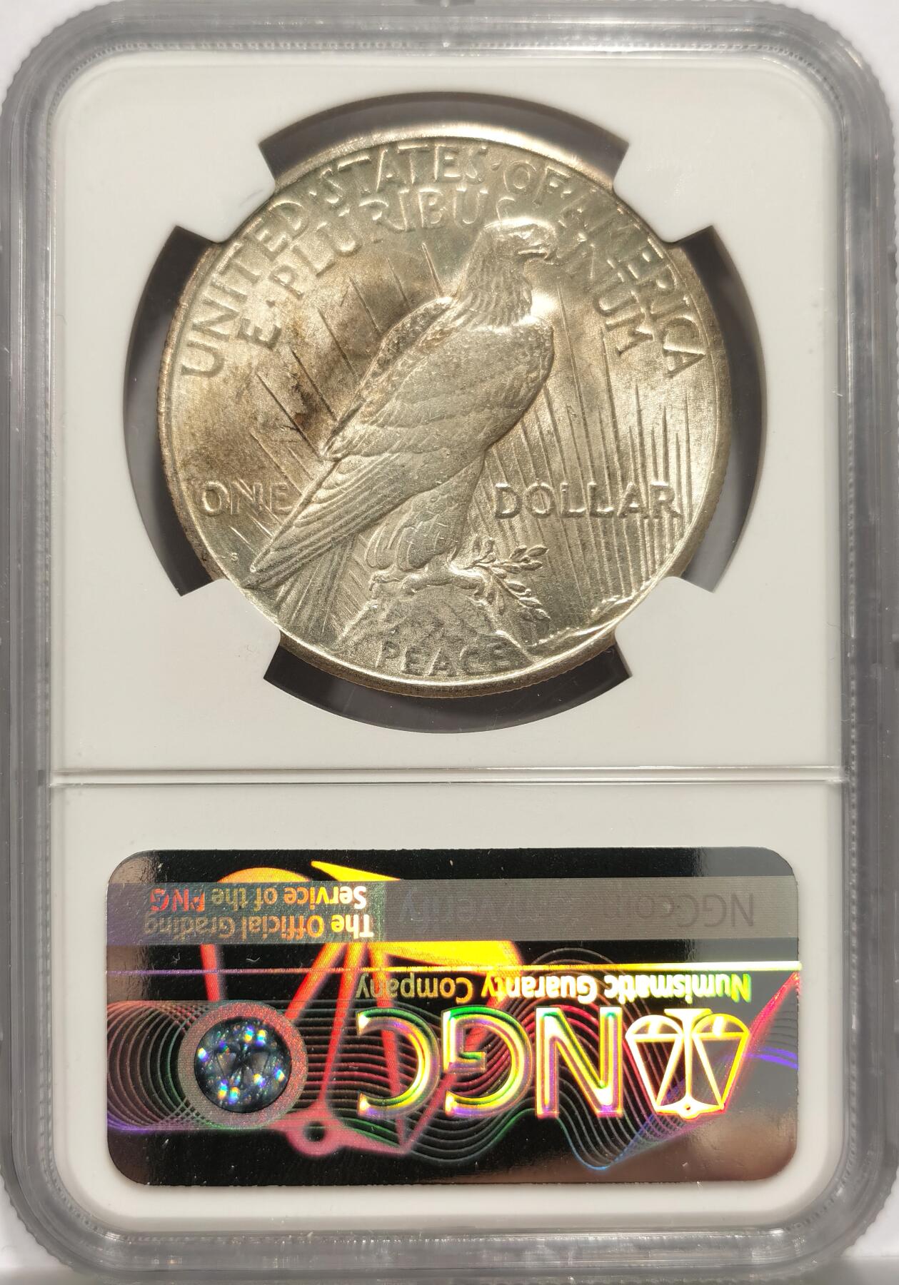 博洋堂世界钱币拍卖第153期（全场包邮） NGC UNC 美国1922年S版和平银币，带淡彩，少见版别，UNC状态少见。