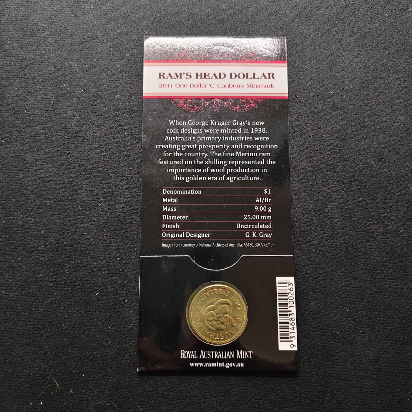 【全场包邮】纯粹捡漏拍486场（免费代拍第23场） 澳大利亚2011年1元复刻1938年至1963年间发行的公羊1先令硬币C厂标堪培拉厂官方卡装纪念币