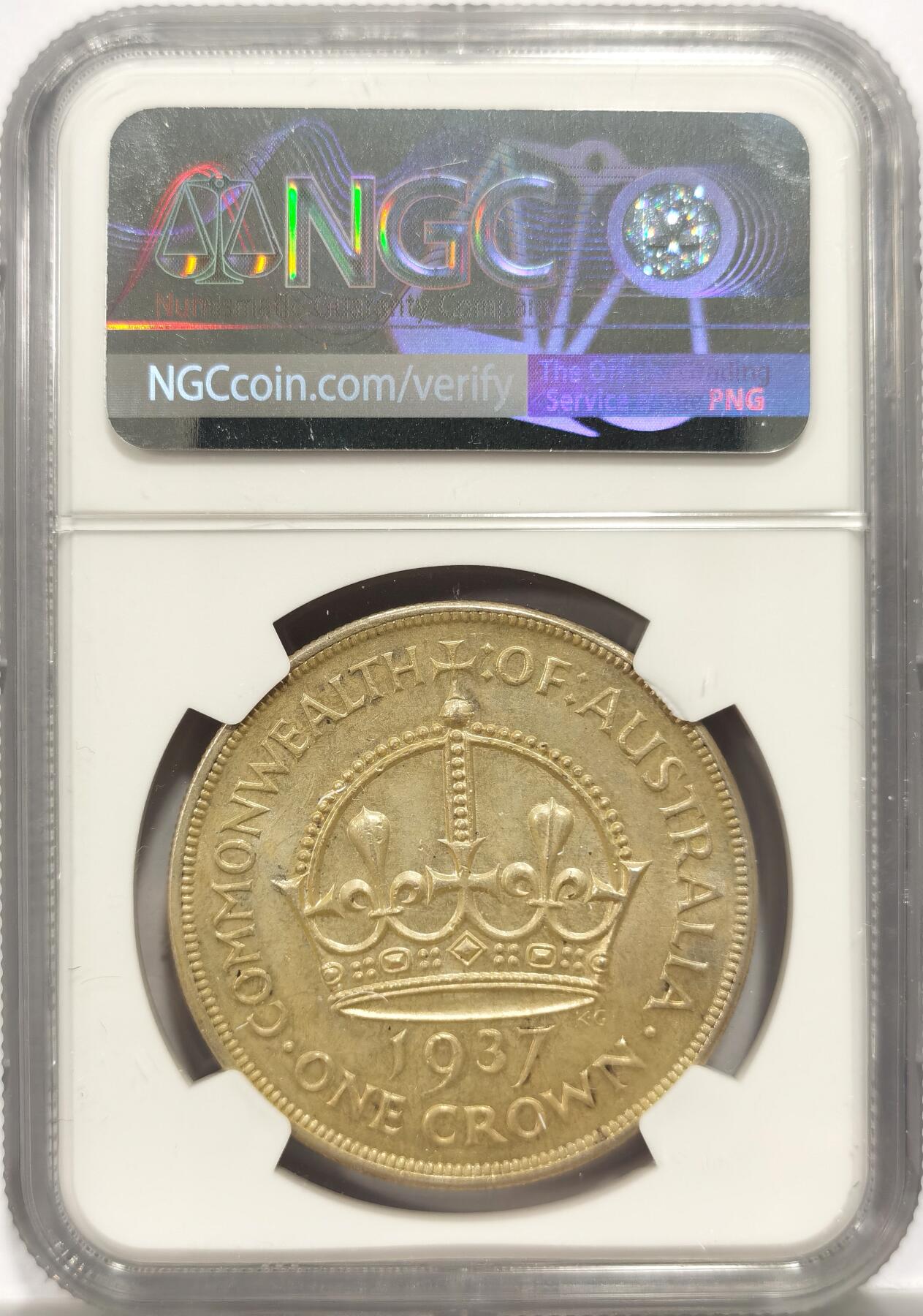 博洋堂世界钱币拍卖第153期（全场包邮） NGC MS62 澳大利亚1937年乔治六世克朗大银币，925高银，保存不易，好品少见，淡黄油包浆，转光丝滑。
