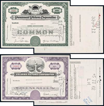 中贸圣佳2025年秋季拍卖会 众妙 - 20世纪60年代 派拉蒙影业公司（Paramount Pictures Corporation）及哥伦比亚影业公司（Columbia Pictures Corporation）股票证书一组两枚