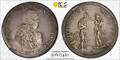 万国钱币拍卖第057期（万国冬季大拍） - PCGS AU50 1677年意大利托斯卡纳科西莫三世1皮阿斯特大银 正面科西莫三世秀发飘飘 背面描绘了圣约翰在约旦河给基督施洗 罕见意大利名誉品种 原味欧陆深五彩 足以入藏的状态