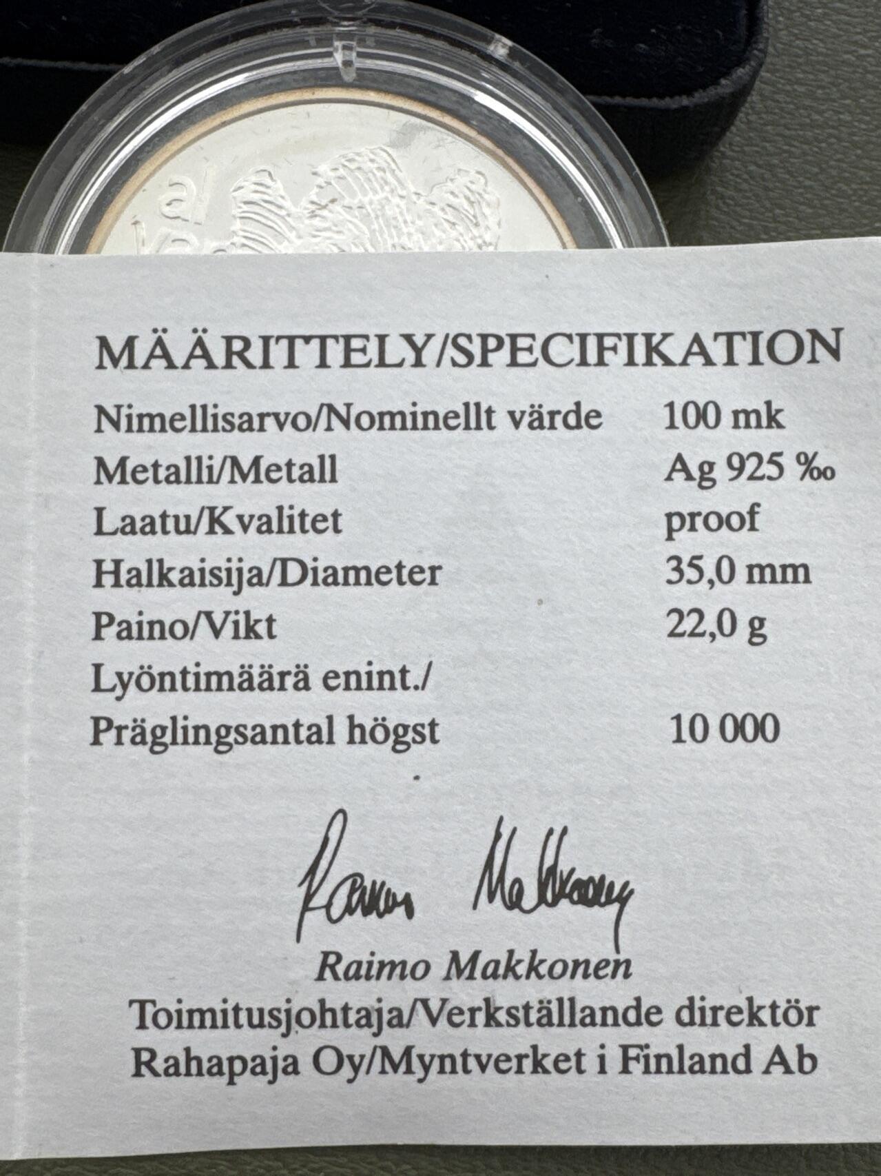 ❤️【币观天下】❤️ 第335期钱币拍卖- 2025.12.19周五晚上6点半场-长期征集拍品 芬兰1998年阿尔莫的艺术100马克精制纪念银币盒证齐全