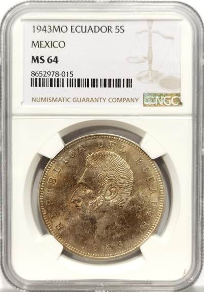 博洋堂世界钱币拍卖第153期（全场包邮） - NGC MS64 厄瓜多尔1943年5苏克雷大银币，漂亮金彩，转光好品。