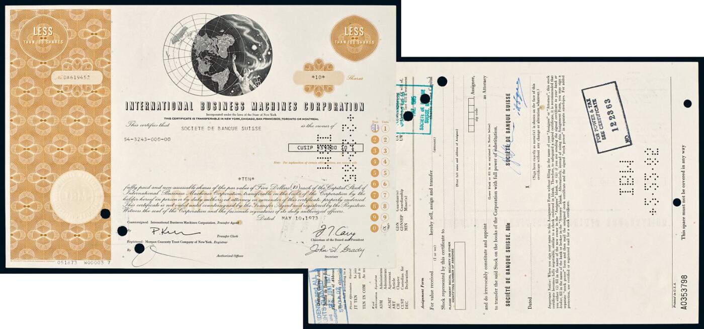 中贸圣佳2025年秋季拍卖会 众妙 1973年 国际商业机器公司（International Business Machines Corporation）股票证书