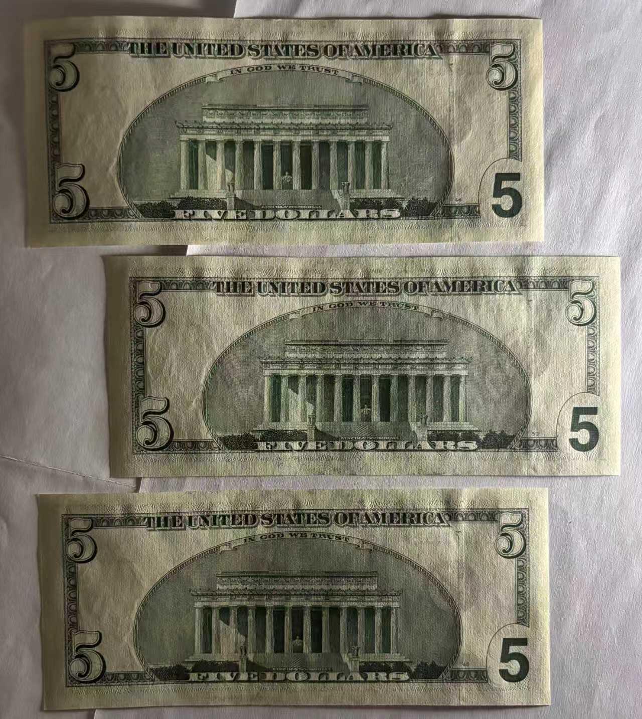 《外钞收藏家》第五百九十四期（畅拍场）（本平台长期征集拍品、欢迎藏友们联系合作） 1999年 大头版 5美元 首发年份 BB冠号 星补号 5张连号 实物图