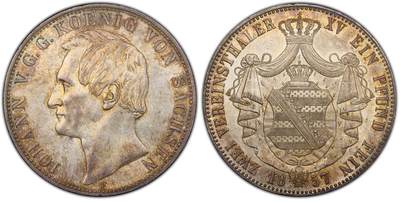 万国钱币拍卖第057期（万国冬季大拍） - PCGS MS62 1858年萨克森约翰五世大纹章2泰勒 原汁原味老藏式五彩状态极美