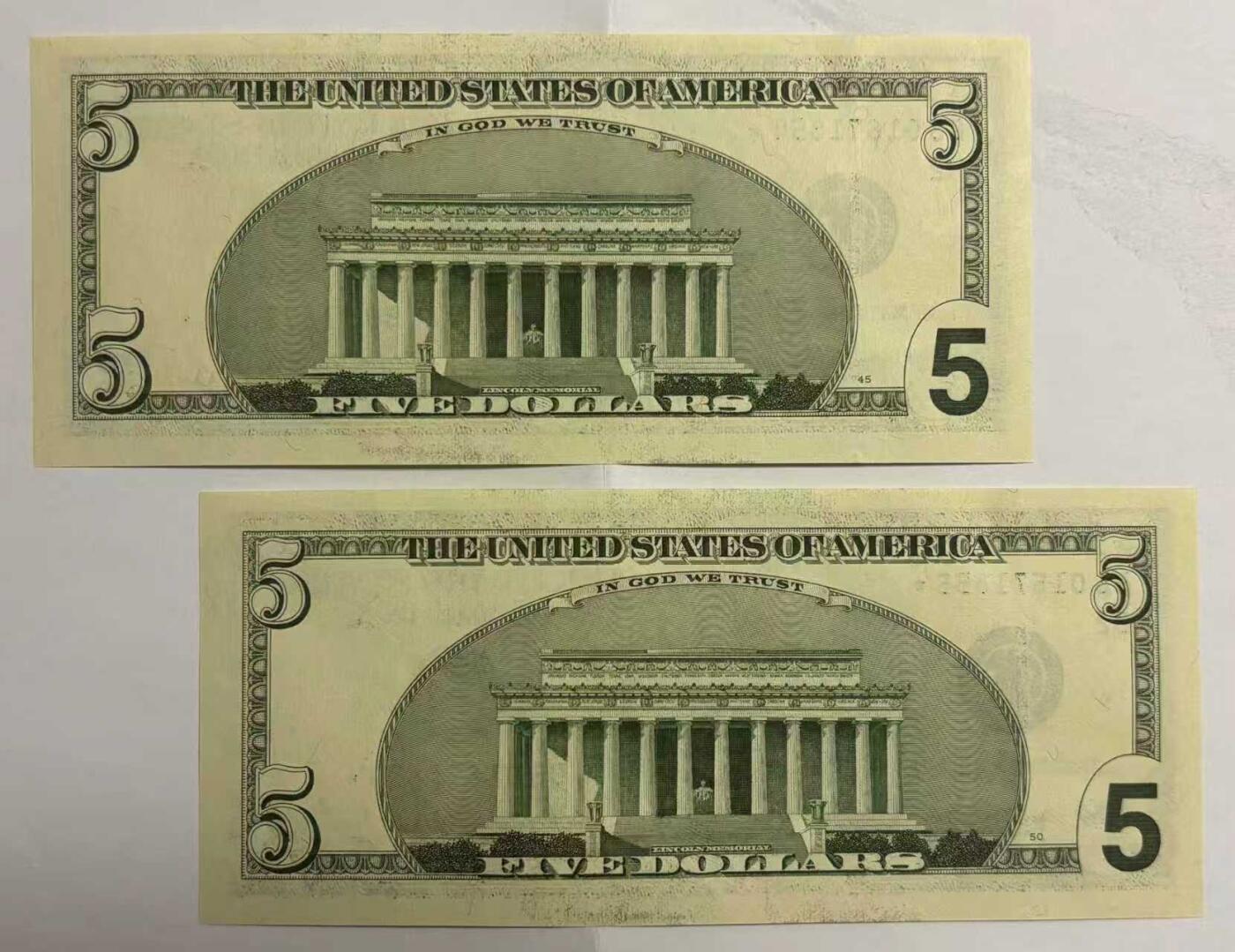 《外钞收藏家》第五百九十四期（畅拍场）（本平台长期征集拍品、欢迎藏友们联系合作） 1999年 大头版 5美元 首发年份 BB冠号 星补号 5张连号 实物图