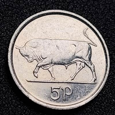 泉币菌-第149场-精品福利场 - 爱尔兰 2000年 5便士 白铜硬币 公牛 动物 18.5mm 竖琴