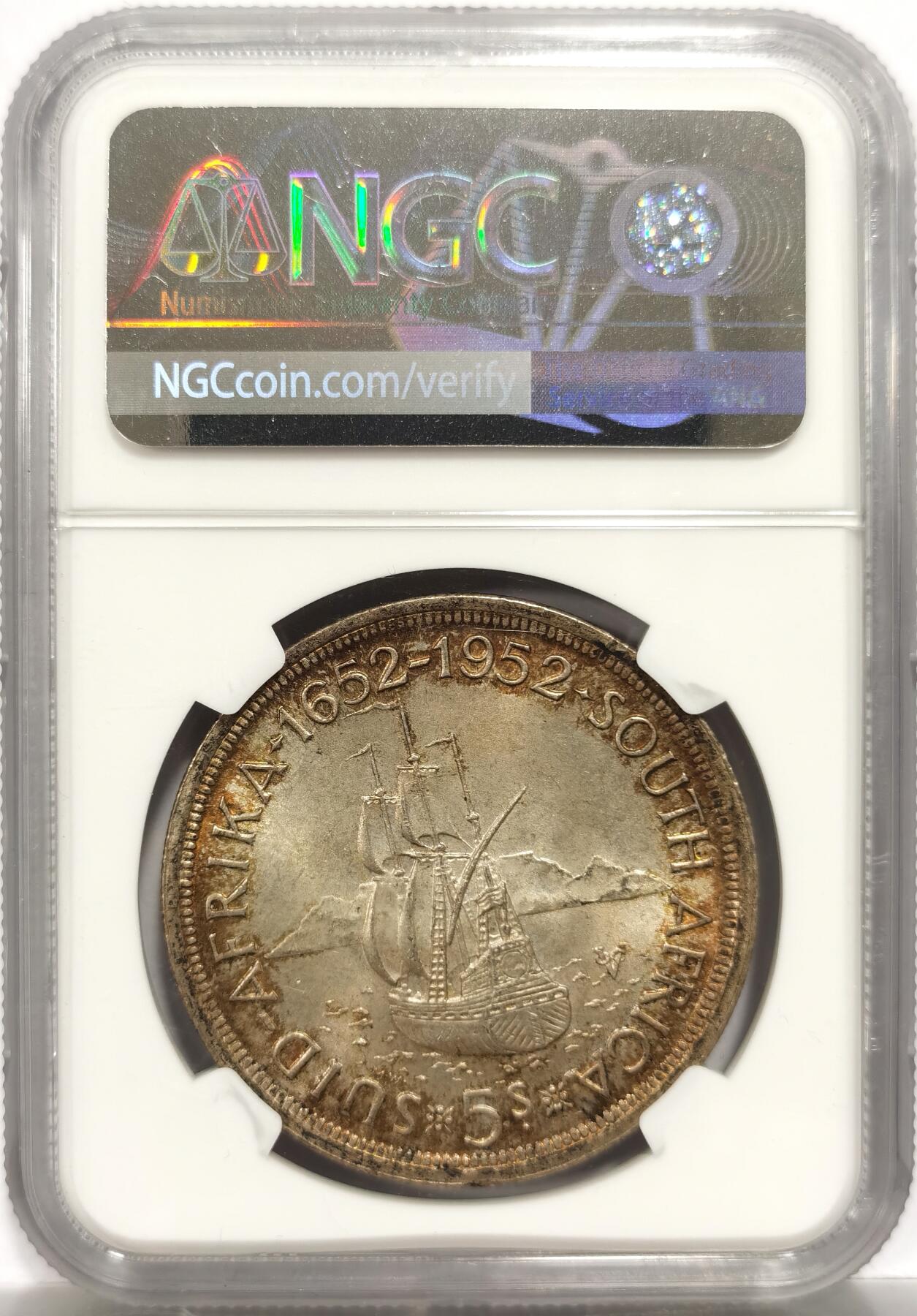 博洋堂世界钱币拍卖第153期（全场包邮） NGC MS64 南非1952年发现开普敦建城300周年5先令银币，环包浆美品，高分少见