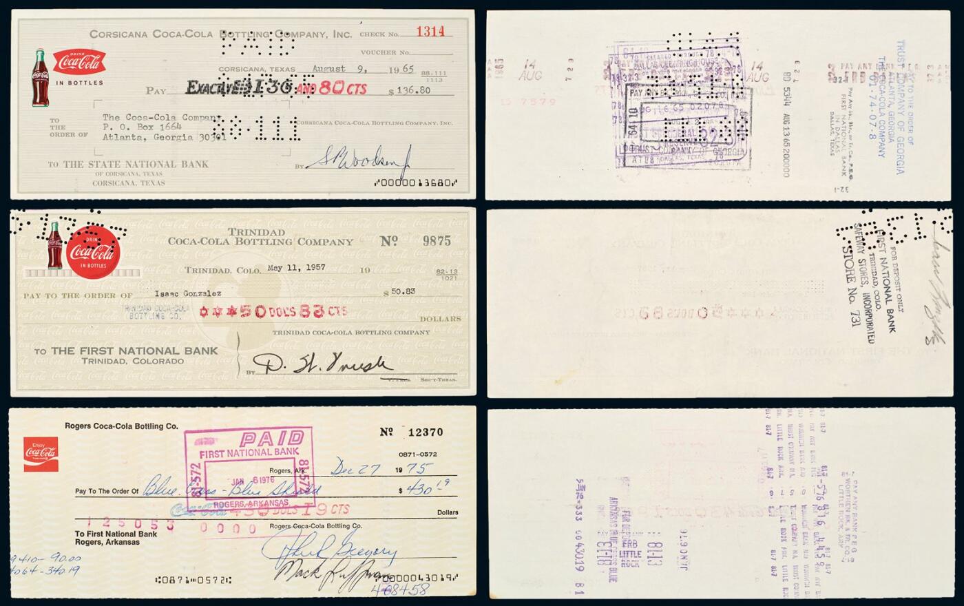 中贸圣佳2025年秋季拍卖会 众妙 20世纪中期 可口可乐区域灌装体系历史支票一组三枚