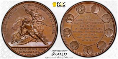 万国钱币拍卖第057期（万国冬季大拍） - PCGS SP64 1844年瑞士铜章 巴塞尔联邦射击节 纪念瑞士和法国的圣雅各布河畔比尔斯战役400周年 正面:身受重伤的瑞士战士倚着盾牌，左手举起旗帜，右手握着断剑支撑自己，背景有火焰和烟雾。视死如归。背面:九行功绩铭文，周围有瑞士联邦九个州的纹章盾徽。迷人的棕色光泽包浆，少见品种。