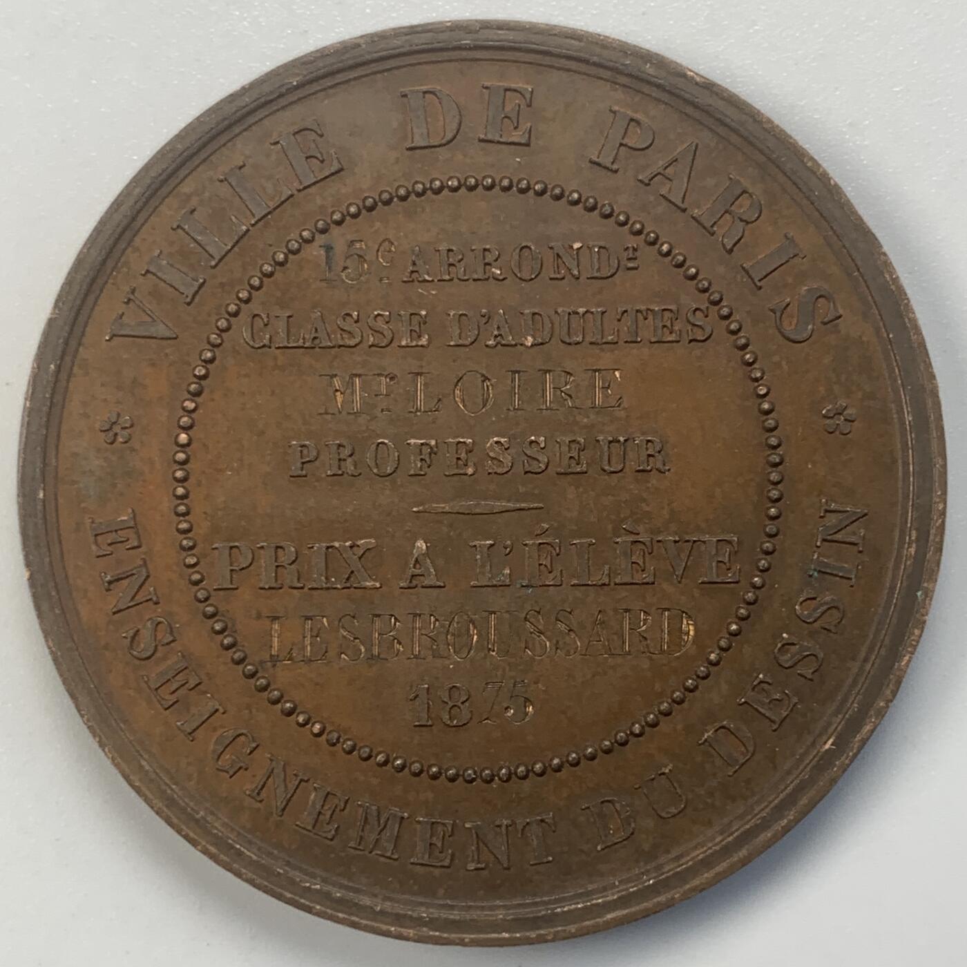 掌中浮雕-藏着的欧洲第046场 1875年法国巴黎成人绘画教学班铜奖章，37mm