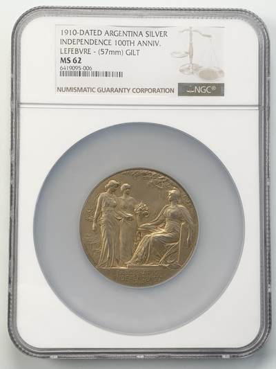 NGC MS62 : 1910年阿根廷共和国独立百周年纪念镀金银章，58mm， Nicolas Maier法国章优秀作品集#182号