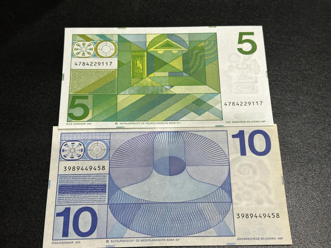 《外钞收藏家》第五百九十四期（畅拍场）（本平台长期征集拍品、欢迎藏友们联系合作） 荷兰人像版5盾全新+10盾UNC-（边泛黄）