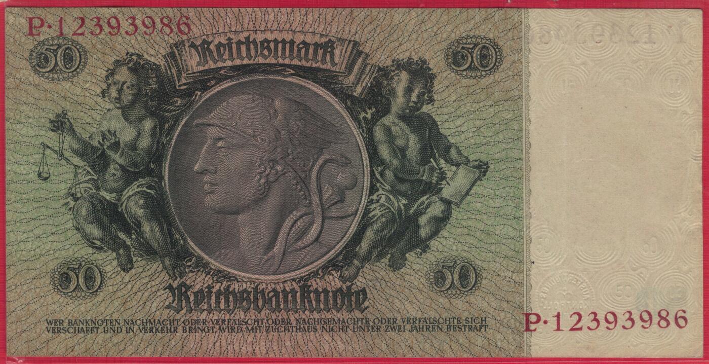 德国1933年50马克 P-182a 肖像水印 8位号码 无47 加盖字母C 实物图 八五品