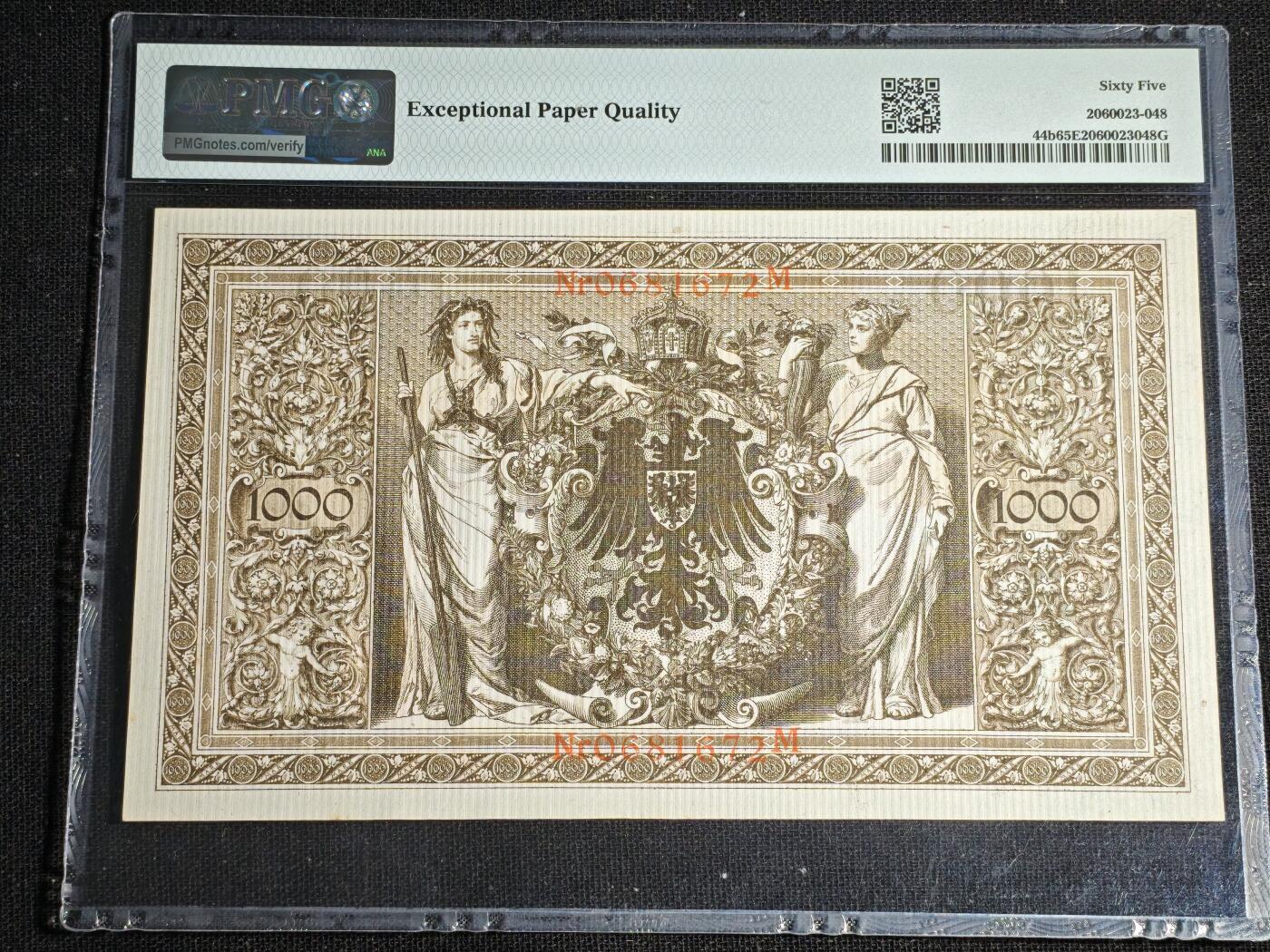 刘世昌艺术品销售中心～虎踞龙蟠*金杨在线联拍群第512期 德国1910年1000马克（PMG 65E 号码：0681672M）1枚。