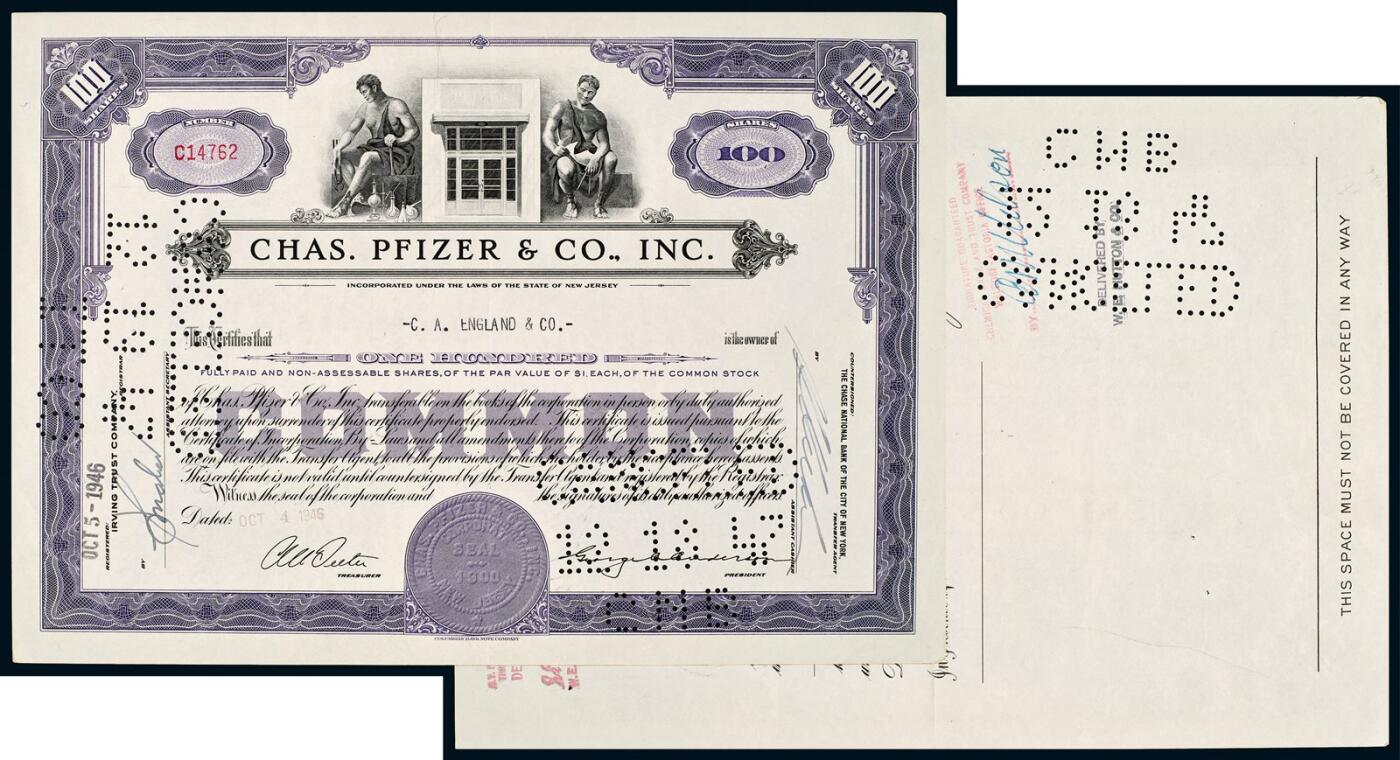 中贸圣佳2025年秋季拍卖会 众妙 1946年 辉瑞公司（CHAS. PFIZER & CO.， INC.）股票证书
