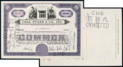 中贸圣佳2025年秋季拍卖会 众妙 - 1946年 辉瑞公司（CHAS. PFIZER & CO.， INC.）股票证书