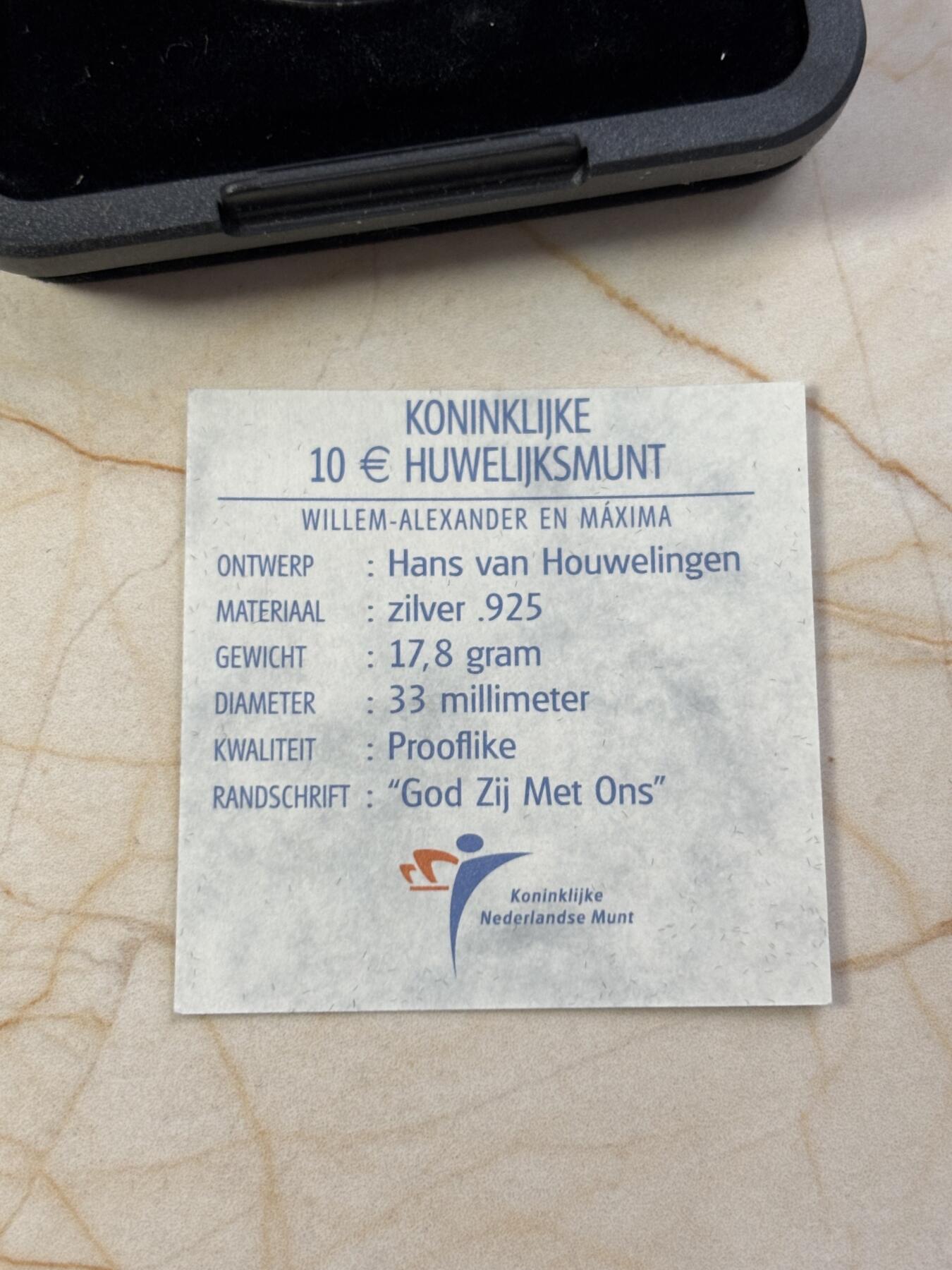 第185期拍卖 荷兰2002年10欧类精制银币 皇家婚礼（威廉-亚历山大和马克西玛） 17.8克925银 发行量：8万 盒证全