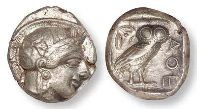 中贸圣佳2025年秋季拍卖会 众妙 - 公元前440-前404年 古希腊雅典娜猫头鹰四德拉克马银币