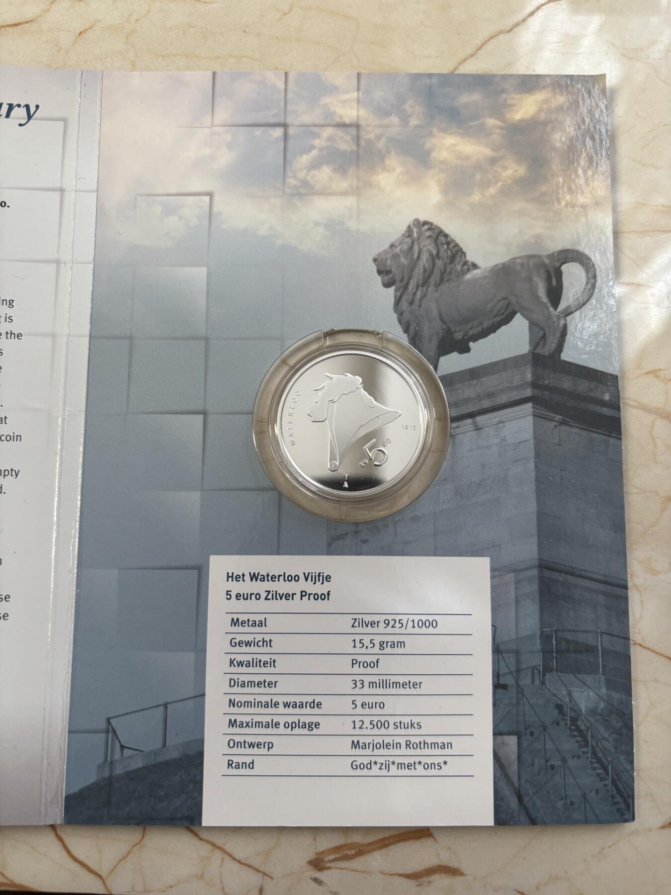 第185期拍卖 荷兰2015年5欧元精制银币 滑铁卢战役 15.5克925银 发行量：1万2千5百 卡装