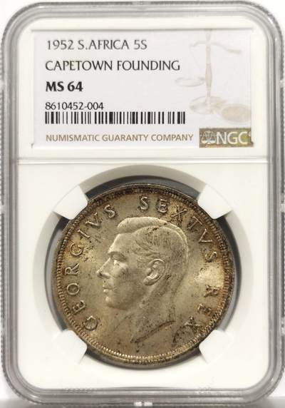博洋堂世界钱币拍卖第153期（全场包邮） - NGC MS64 南非1952年发现开普敦建城300周年5先令银币，环包浆美品，高分少见