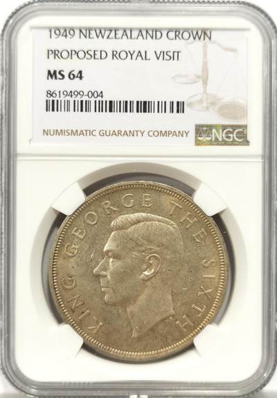 博洋堂世界钱币拍卖第153期（全场包邮） - NGC MS64 新西兰1949年乔治六世克朗银币 淡黄油包浆，车轮光好品。