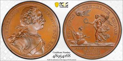 万国钱币拍卖第057期（万国冬季大拍） - PCGS SP64 1757年德国普鲁士腓特烈大帝铜章 七年战争中的重大胜利 罗斯巴赫战役纪念 普鲁士王室官方出品 正面:身着铠甲的腓特烈大帝戎装半身像 背面:德意志女神日耳曼妮娅化身胜利天使女神，袒胸露乳，右手持花环，左手持棕榈叶，带来胜利与和平。普鲁士鹰在空中翱翔，底下是刀剑铠甲盾牌军旗。高浮雕，刻画栩栩如生，巧克力红棕光泽，非常漂亮的一枚腓特烈大帝原铸官方战功纪念章。